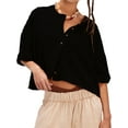 thumbnail image 1 of Women Y2K Button Front Crop Sweater Cardigan Solid Color Crew Neck Middle Sleeve Knit Tops Streetwear Black L, 1 of 4