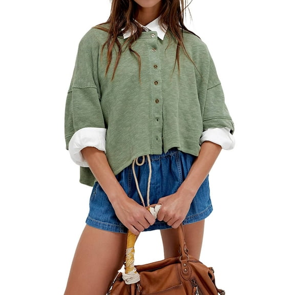 Women Y2K Button Front Crop Sweater Cardigan Solid Color Crew Neck Middle Sleeve Knit Tops Streetwear Green M