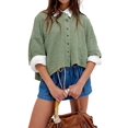 thumbnail image 1 of Women Y2K Button Front Crop Sweater Cardigan Solid Color Crew Neck Middle Sleeve Knit Tops Streetwear Green S, 1 of 8