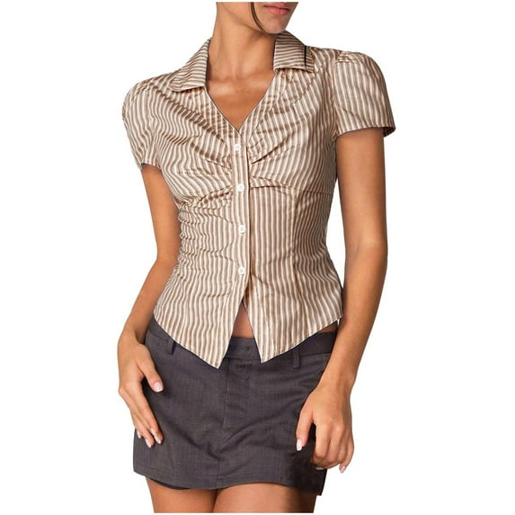 Women Y2K Button Up Shirts Short Sleeve V Neck Ruched Slim Fit Shirts Cropped Vintage Striped Blouse Top