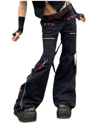 HAXMNOU Women Casual Fashion High Waisted Cargo Pants Wide Leg Casual Denim  Trousers Multi Pocket Cargo Jeans Black XXL 