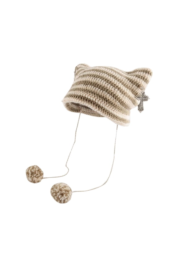 Women Y2K Cat Ear Beanie Hat with Pom Poms Star Accessories Goth Grunge Crochet Knitted Slouchy Skully Caps Alt Emo Clothes