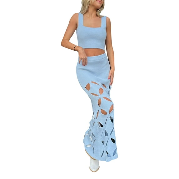 Women Y2K Crochet Knit 2 Piece Skirt Sets Hollow Out Crop Top Bodycon High Waist Maxi Skirt Set Beach Long Dresses
