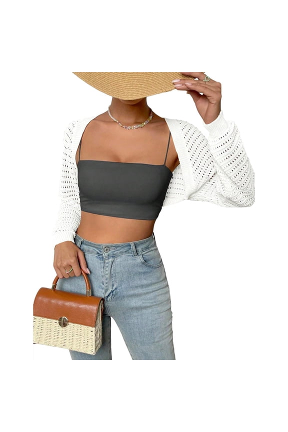 Women Y2K Crochet Shrug Sweater Crop Cardigans Drop Shoulder Knit Bolero Sweater