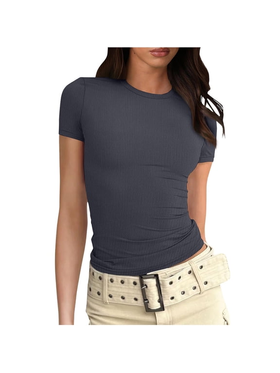 Women Y2K Crop Tops Short Sleeve Ribbed Knit Shirts Cute Bow Embroidery Tee Shirts Teen Girls Slim Fitted Baby Tees Gray S