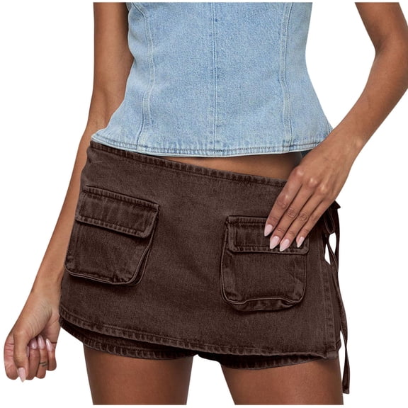 Women Y2K Denim Skirt Shorts Low Rise Bodycon Pencil Jean Side Tie Jean Skirts Cargo Pocketed Wrap Skort with Asymmetrical Hem for Summer Beach Parties