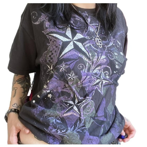 Women Y2K Fairy Grunge Shirt Top Short Sleeve Graphic Print T-Shirts Vintage Aesthetic Crop Tee Tops Streetwear