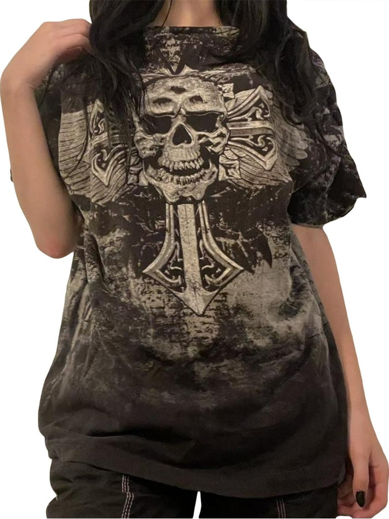 トップス Y2K fairy grunge scull border T-shirt Women Y2K Fairy Grunge Short Sleeve Shirt Top Vintage Skull