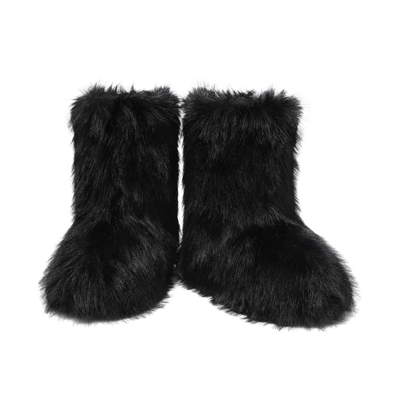 Women Y2K Faux Fur Short Boots Black, Fluffy Furry Warm Mid-Calf Snow Boots Comfortable Outdoor Flat Shoes