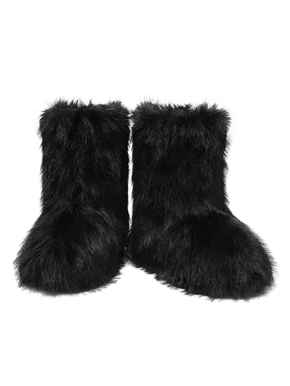 Women Y2K Faux Fur Short Boots Black, Fluffy Furry Warm Mid-Calf Snow Boots Comfortable Outdoor Flat Shoes