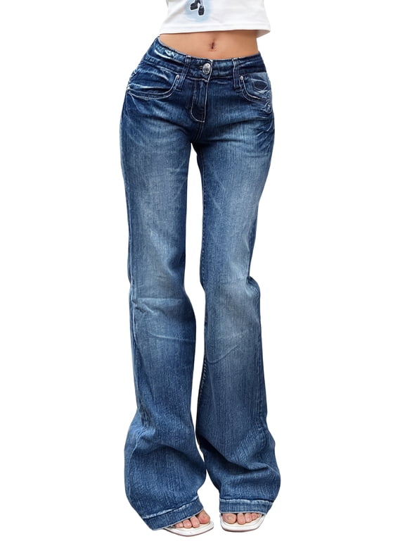 Women's Y2K Vintage Flare Jeans 90s Mid Rise Bootcut Denim Pants Retro Stretch Fit Jeans