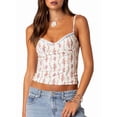 thumbnail image 1 of Women Y2K Floral Mesh -Top Spaghetti Strap Low Cut Crop Top Flower Print Patchwork Sheer Mesh Tank Top White L, 1 of 7