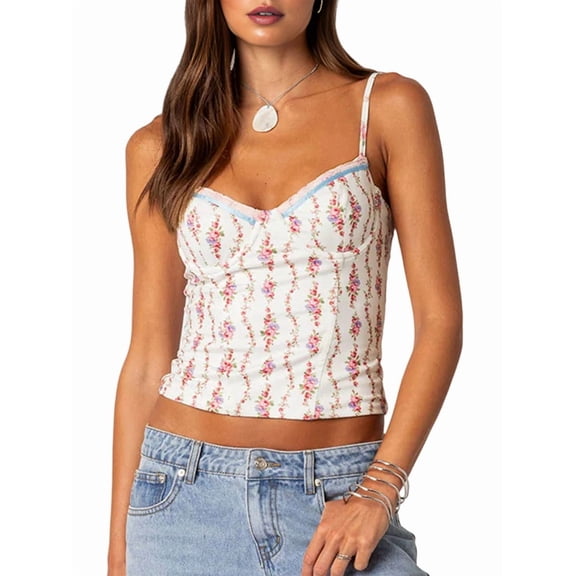 Women Y2K Floral Mesh -Top Spaghetti Strap Low Cut Crop Top Flower Print Patchwork Sheer Mesh Tank Top White S