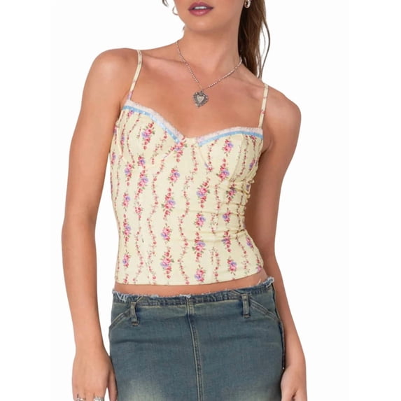 Women Y2K Floral Mesh -Top Spaghetti Strap Low Cut Crop Top Flower Print Patchwork Sheer Mesh Tank Top Yellow L