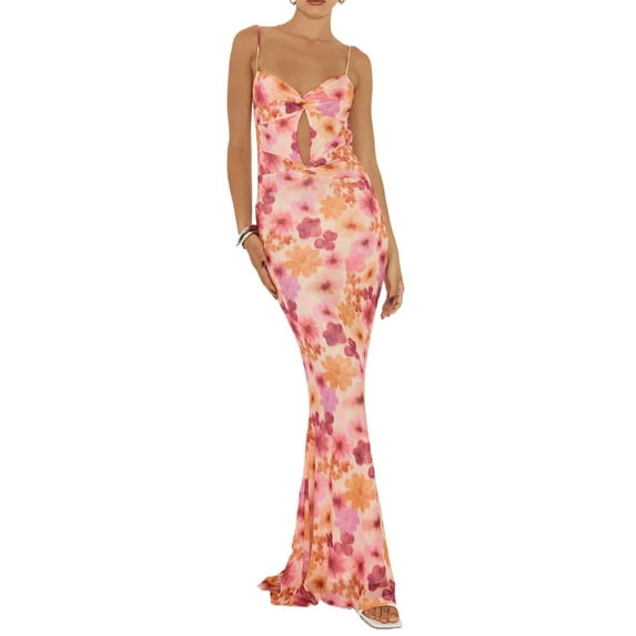 Women Y2K Floral Print Spaghetti Strap Bodycon Maxi Dress Deep V Neck Long Dress Sexy Backless Summer Streetwear