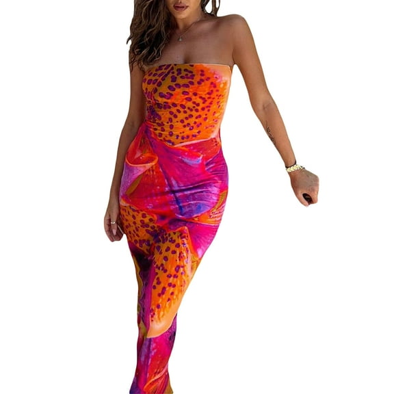 Women Y2K Floral Strapless Long Dress Off Shoulder Ruched Bodycon Long Dress Backless Bandeau Tube Dress Club Party