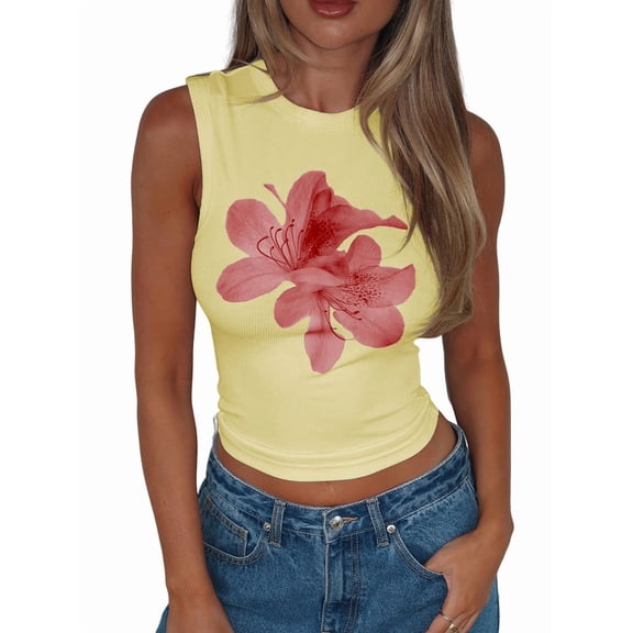 Women Y2K Floral Tank Top Slim Fit Sleeveless Flower Print Crop Top Crew Neck Going Out Vest Yellow S