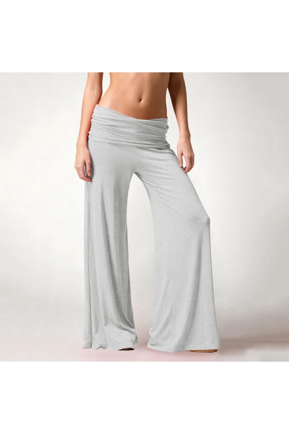 Women Y2K Foldover Yoga Pants Plisse Flared Fold Over Trousers Stretchy Wide Leg Casual Cute Lounge Bottoms Light Gray L
