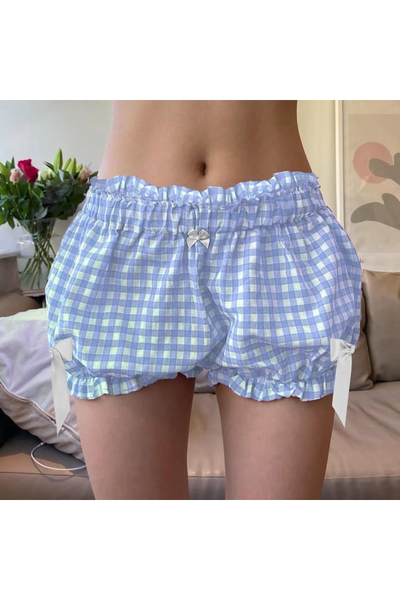 Women Y2K Gingham Bloomers Cute Low Waist Plaid Shorts Cute Micro Sleep Shorts Ruffle Pajama Bottoms (S, Blue)