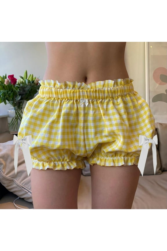 Women Y2K Gingham Bloomers Cute Low Waist Plaid Shorts Micro Sleep Shorts Ruffle Pajama Bottoms Yellow M