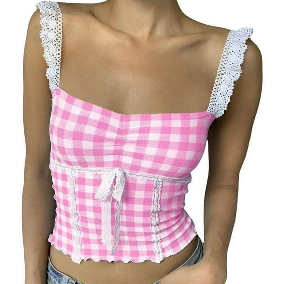 Women Y2K Gingham Cami Tank Top Lace Trim Spaghetti Strap Plaid Camisoles Square Neck Sleeveless Aesthetic Crop Top Streetwear