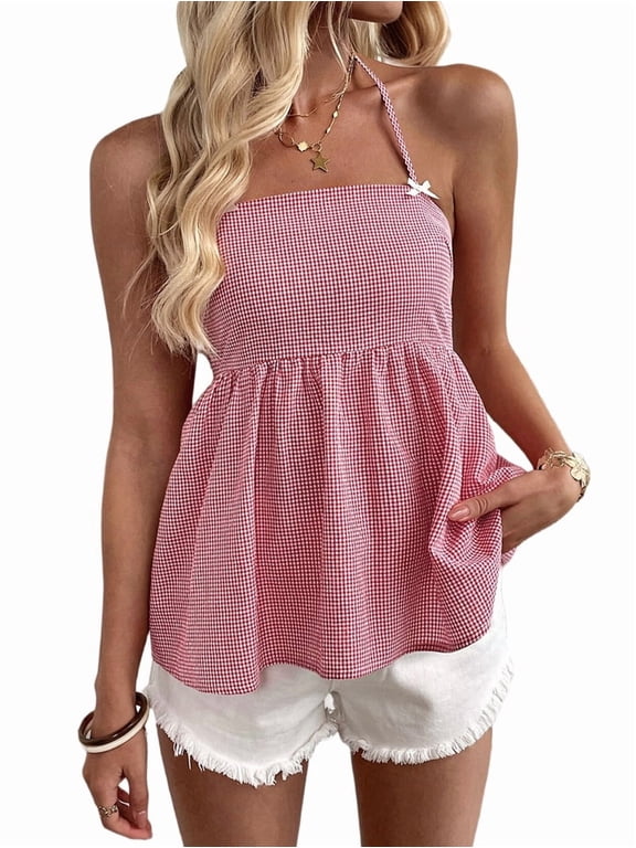 Women Y2K Gingham Tank Top Spaghetti Strap Peplum Camisole Square Neck Smocked Babydoll Tops Red L
