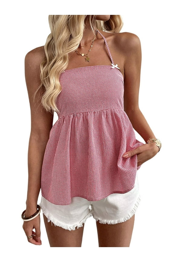 Women Y2K Gingham Tank Top Spaghetti Strap Peplum Camisole Square Neck Smocked Babydoll Tops Red L