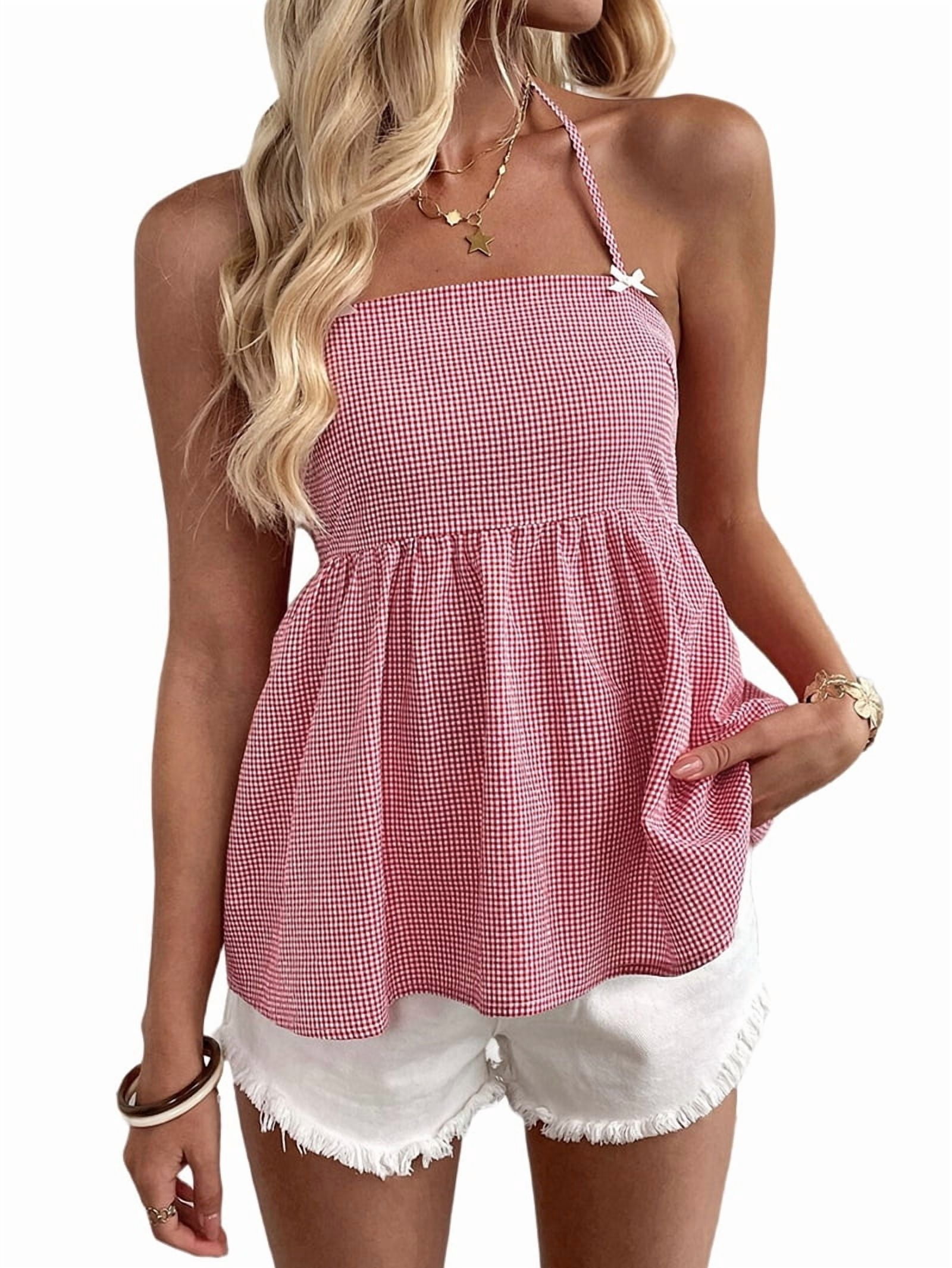 Women Y2K Gingham Tank Top Spaghetti Strap Peplum Camisole Square