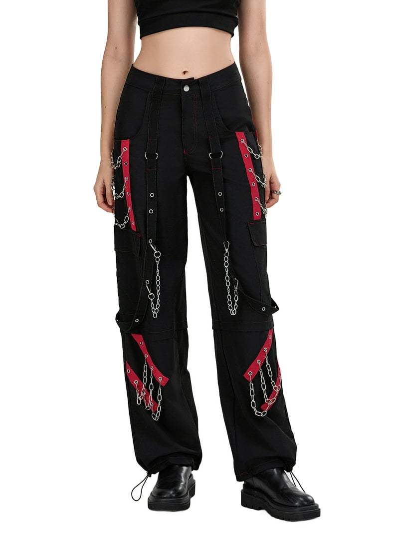 Women Y2K Gothic Black Cargo Pants High Waist Baggy Jeans Rock