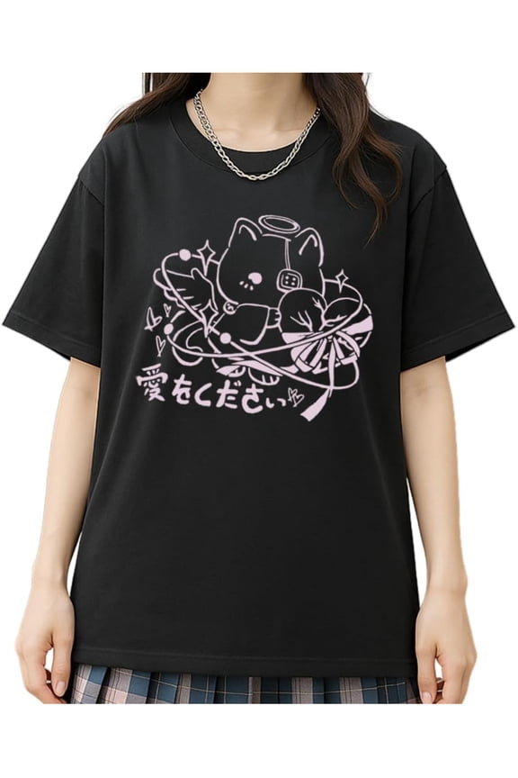 Women Y2K Gothic Grunge Kawaii Fashion Casual Style Crew Neck Short Sleeve Goth Cartoon Cat Graphic Print T-Shirt tee top