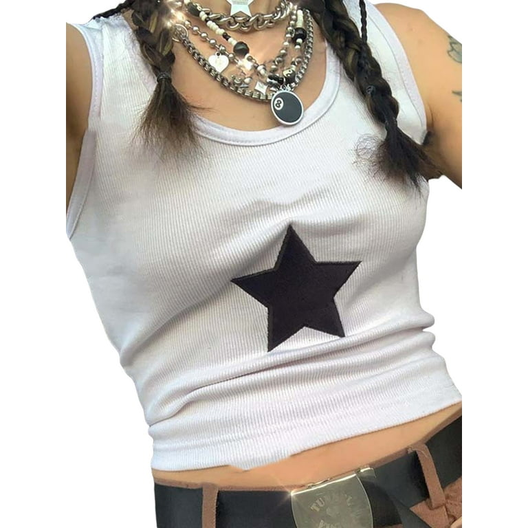 Women Y2K Grunge Aesthetic Tank Top Star Embroidery Sleeveless Crop Tee  Slim Fitted Vintage Fairy Vest Streetwear 