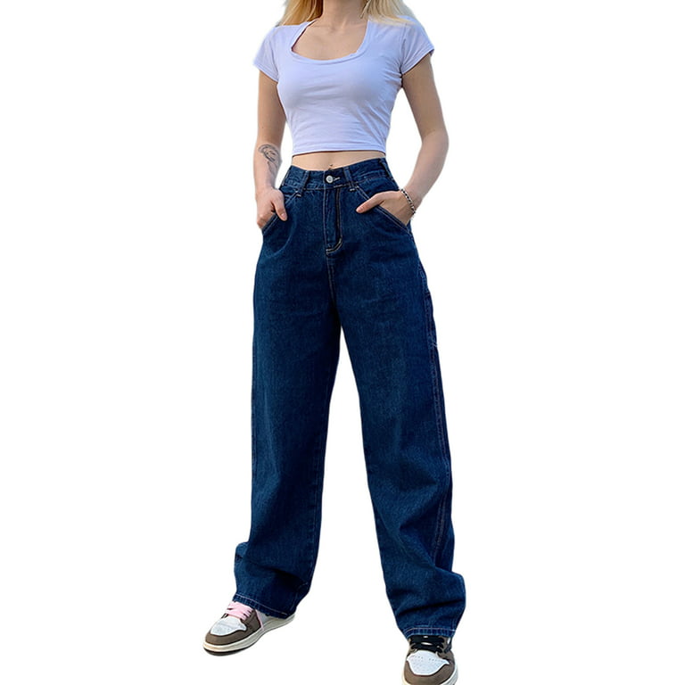 YAWOTS Women Solid Color Wide Leg Jeans High Waist Casual Button Zip Pants  with Elastic Band Pockets,A547,Large,Blue at  Women's Jeans store