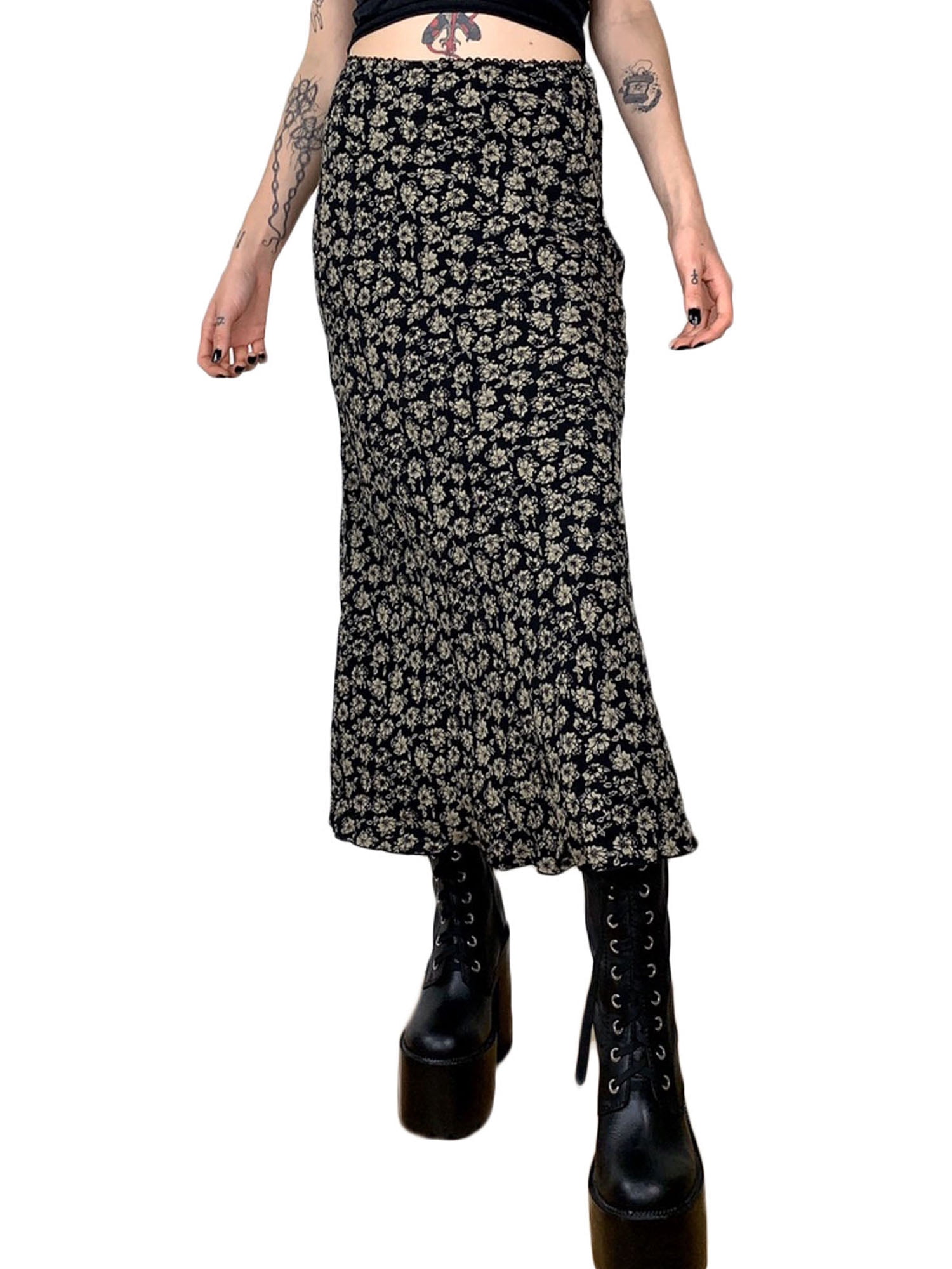 Women Y2K High Waist Midi Skirt Flroal Print Vintage Mesh Tiered 