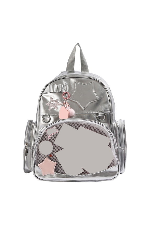 Women Y2K Ita Bag Backpack Large Capacity PU Star Print Casual Daypack with Pin Display Window and Adjustable Strap (Silver)