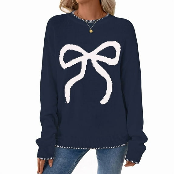 Women Y2K Knit Sweater Crew Neck Long Sleeve Knitted Pullover Oversized Contrast Trim Knitwear Navy Blue L