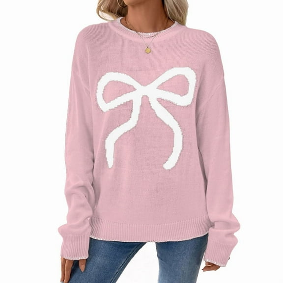 Women Y2K Knit Sweater Crew Neck Long Sleeve Knitted Pullover Oversized Contrast Trim Knitwear Pink XL