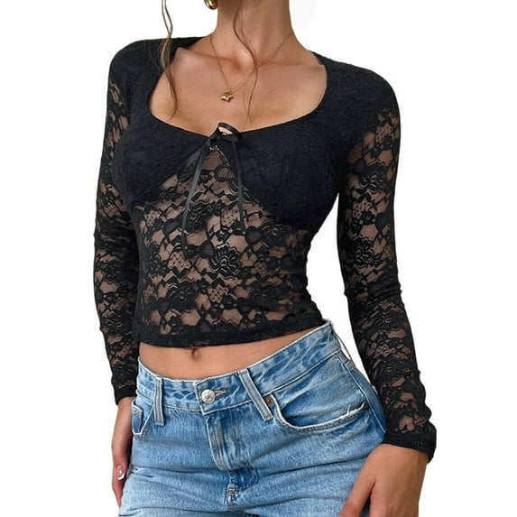 Women Y2K Lace Crop Top U Neck Bow Club Concert Clothes Going Out Tops Black XXL