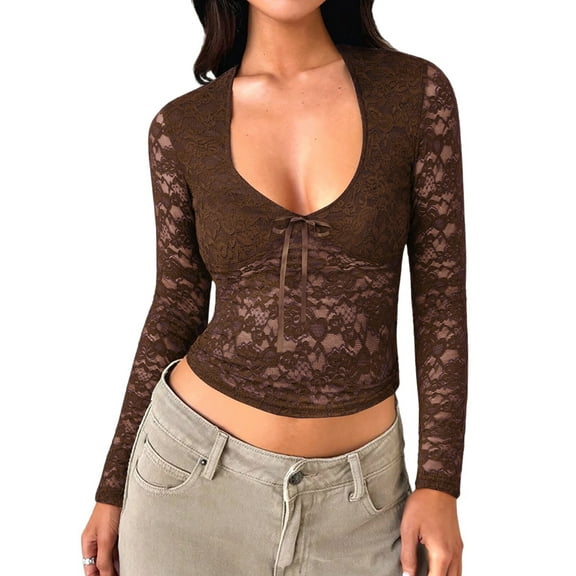 Women Y2K Lace Crop Top U Neck Bow Club Concert Clothes Going Out Tops Brown L