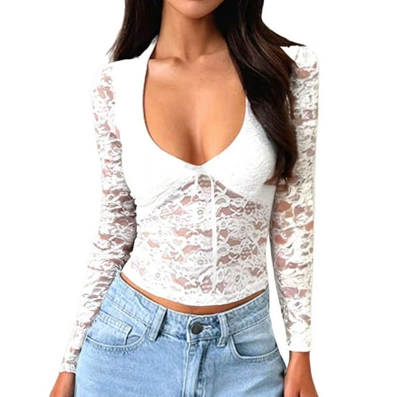 Women Y2K Lace Crop Top U Neck Bow Club Concert Clothes Going Out Tops White XL
