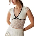 thumbnail image 1 of Women Y2K Lace Floral Top Shirt Short Sleeves V-neck Bow Sheer Mesh See Through T Shirts Slim Fit Going Out Tees Tops, 1 of 6