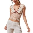 thumbnail image 1 of Women Y2K Lace Floral Top Shirt Short Sleeves V-neck Bow Sheer Mesh See Through T Shirts Slim Fit Going Out Tees Tops, 1 of 6