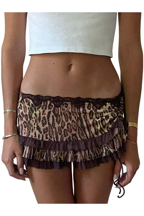 Women Y2K Lace Mini Skirt Low Rise Leopard Half Slip Skirt Contrast Ruffle Flowy Short Skirt Underskirt Coffee Color L
