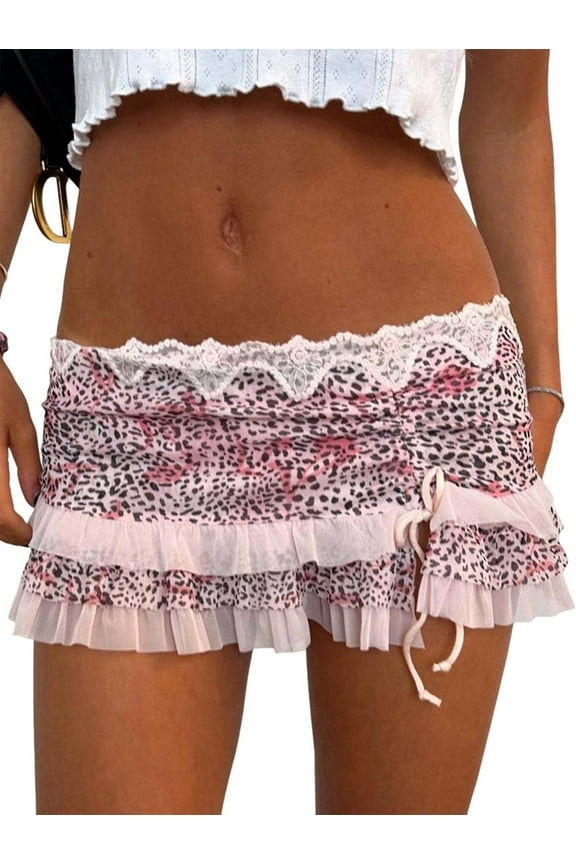 Women Y2K Lace Mini Skirt Low Rise Leopard Half Slip Skirt Contrast Ruffle Flowy Short Skirt Underskirt Pink L
