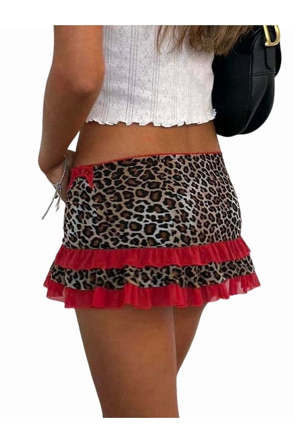 Women Y2K Lace Mini Skirt Low Rise Leopard Half Slip Skirt Contrast Ruffle Flowy Short Skirt Underskirt Red M