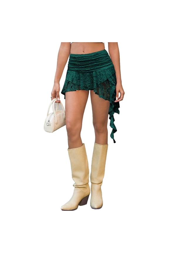 Women Y2K Lace Mini Skirt Low Rise Pleated Ruffle Short Skirts Layered Flowy Asymmetrical Fairy Half Slip Skirt