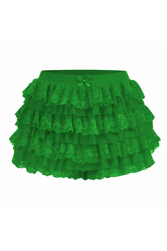 Women Y2K Lace Multi-Layered Bloomers, Ruffle Shorts, Short Pumpkin Pants, Elastic Waist Sweet Pettipants Green S