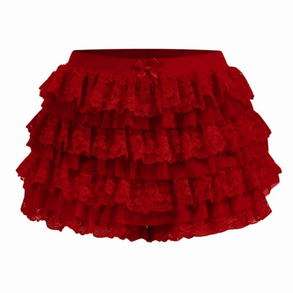Women Y2K Lace Multi-Layered Bloomers, Ruffle Shorts, Short Pumpkin Pants, Elastic Waist Sweet Pettipants Wine Red L