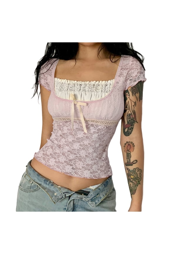 Women Y2K Lace Patchwork T Shirt Vintage Short Sleeve Square Neck Crop Top E Girl 90s Slim Fit Goth Fairy Tee Streetwear