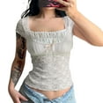 thumbnail image 1 of Women Y2K Lace Patchwork T Shirt Vintage Short Sleeve Square Neck Crop Top E Girl 90s Slim Fit Goth Fairy Tee Streetwear, 1 of 4