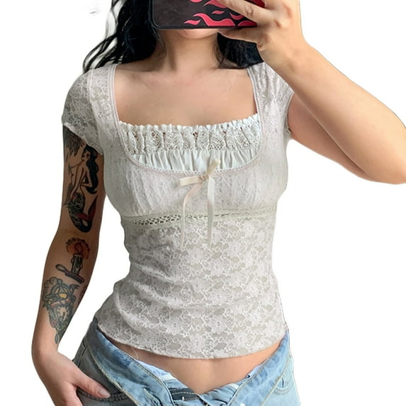 Women Y2K Lace Patchwork T Shirt Vintage Short Sleeve Square Neck Crop Top E Girl 90s Slim Fit Goth Fairy Tee Streetwear